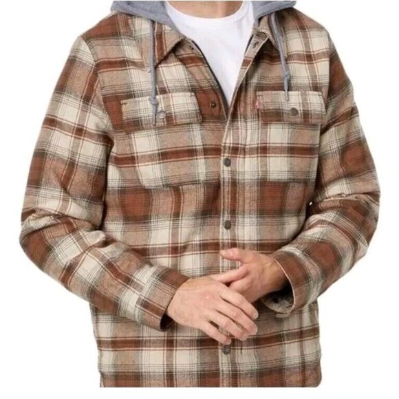 Levis Sherpa Jacket For Mens Size Small Plaid Full Zip Hooded Warm Soft  A3 - Picture 1 of 16